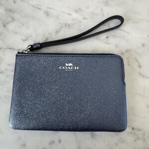 Coach‎ Navy Metallic Crossgrain Leather Corner Zip Wristlet NEW F21070